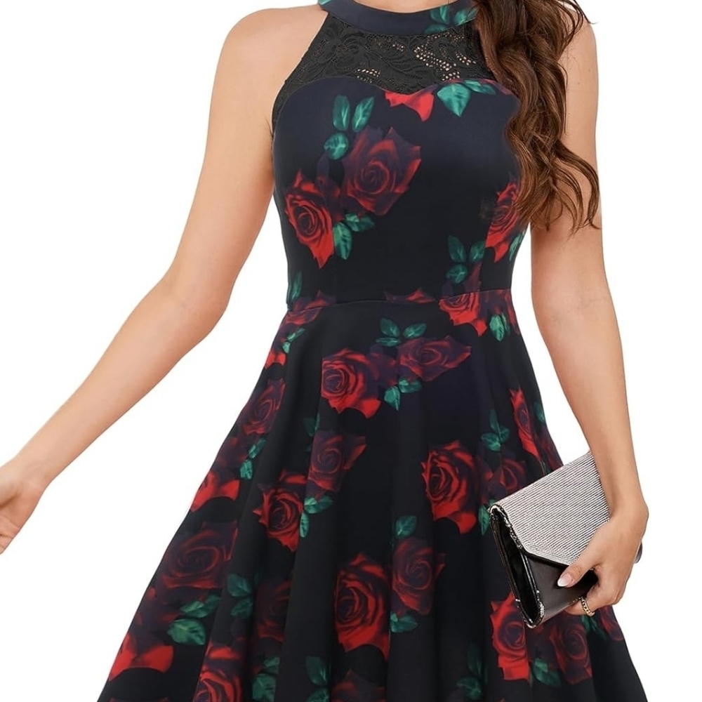 Floral Sleeveless Dress - Black and Red